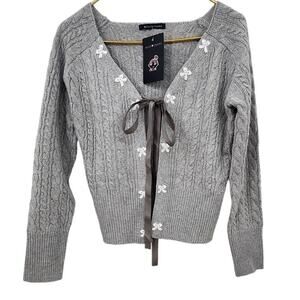 New NWT Miss‎ Zhang Tie Front Grey Cardigan With Bow Detail Size Large